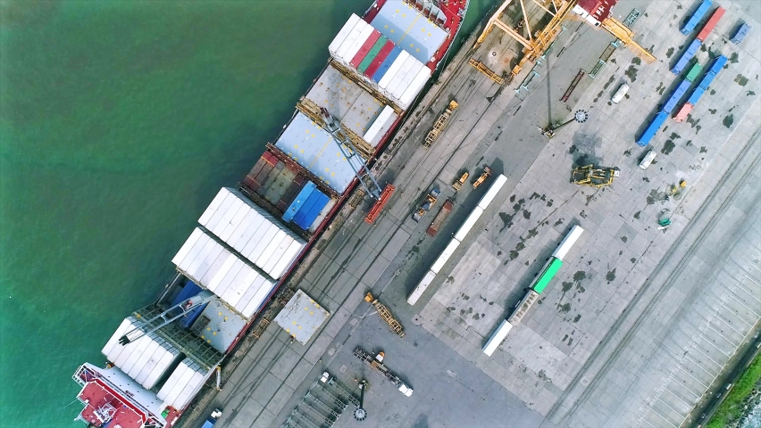 Cargo Ship Loading In Container Terminal Port In Puerto Limon, Costa Rica - aerial top down