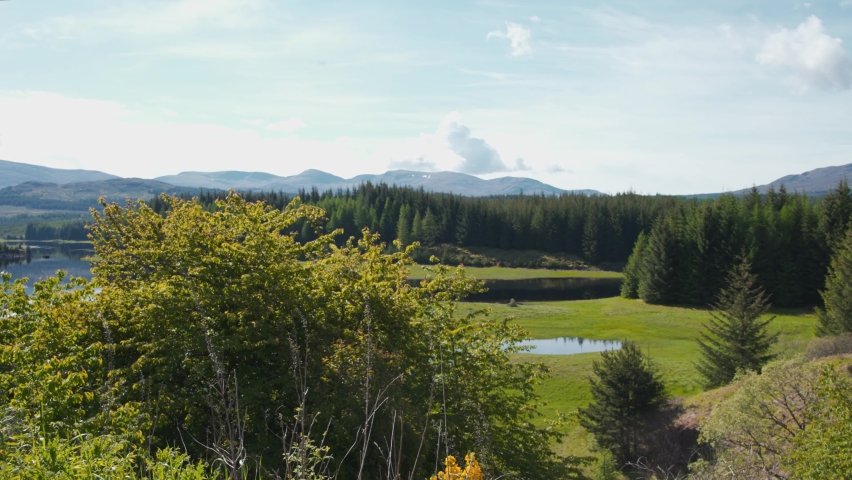 Breathtaking lake landscape scenery with forests and flowers, Scotland.