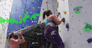 Animation of data processing over caucasian women climbing. Fitness and healthy, active lifestyle concept digitally generated video.