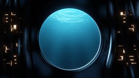 View of a round window with bottom under the sea waves seen from inside a submarine or science fiction environment with cables, light panels and moving illuminations. Looping video. 3D Rendering