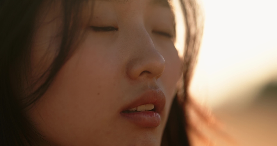 Close-up face of Asian woman opening eyes on sunny background. Young girl with black hair, looking straight at the rural landscape, standing in the background of the sky Royalty-Free Stock Footage #1093934241