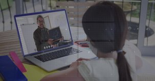 Animation of round scanner and microprocessor connections against girl having a video call on laptop. School and education technology concept