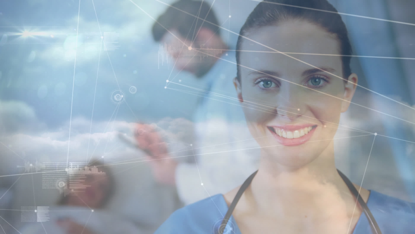 Animation of network of connections and sky with clouds over caucasian female doctor. Global medicine, connections and digital interface concept digitally generated video.