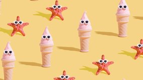 Sea star and ice-cream with sunglasses, moving pattern. Creative video summer, relax, vocation concept 