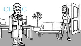 Animated whiteboard hand-drawn 2D full HD vector video of casual man in the on the storу and grocery market with medical mask on her face for protection from any virus or COVID 19 and vaccination