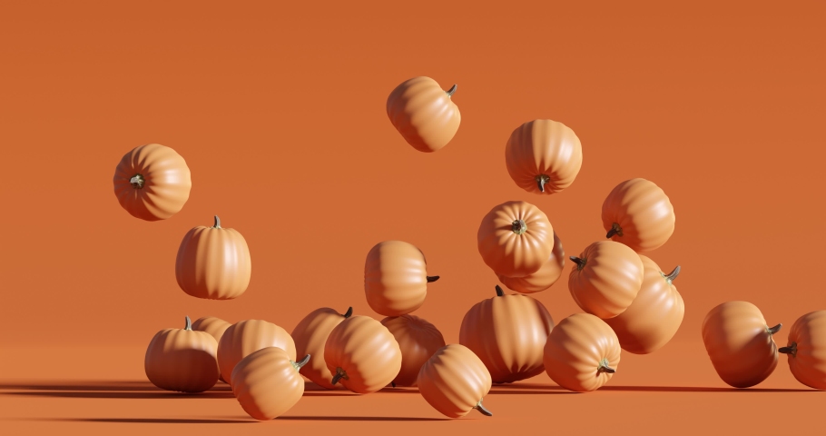 3D pumpkin pile falling on orange background. Funny fall Halloween 4K animation. Autumn Trendy Abstract. Minimal 3D render. 