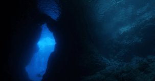  scuba diver exploring around a reef underwater deep blue water big rocks and bubbles ocean scenery 