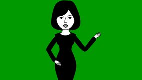 Animated speaking girl in black dress. The woman constantly tells something and gestures with her hands. Black hair.  