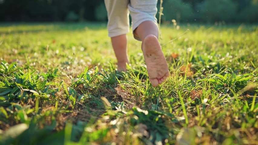Baby running in the park with bare feet. close-up of the kid leg runs in the summer on the green grass at sunset in the park. happy family kid concept. baby running and playing dream in the park