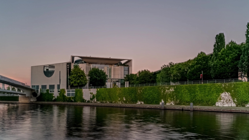 Berlin, Bundeskanzleramt promenade river, panoramic hyperlapse timelapse, Germany 