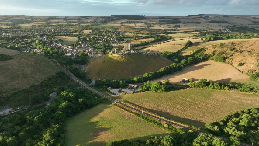 Stunning aerial view of Corfe Village and Castle in the Purbecks, Dorset, England.