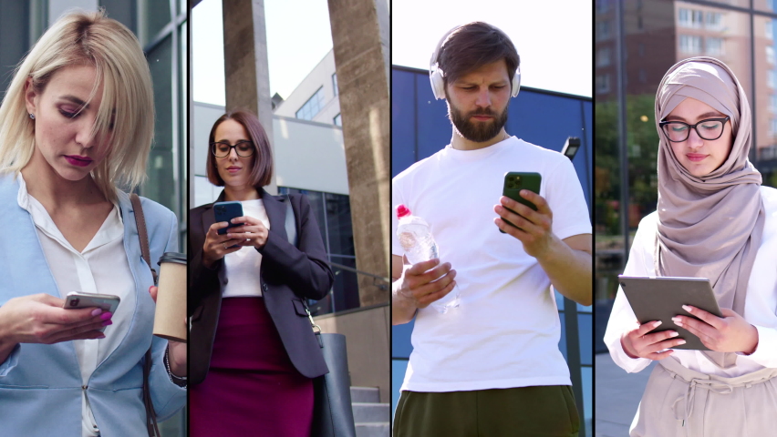 Different male and femaes, people using gadgets outdoor. Collage of man and women tapping and texting on smartphones and tablet device. Using mobile phones and computer. Touchscreen.