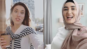 Two mixed-races young happy cheerful mixed-races women talking via webam and smilng. Collage of beautiful Caucasian woman with coffee talking with Arabian friend in hijab via videochat. Videochatting.