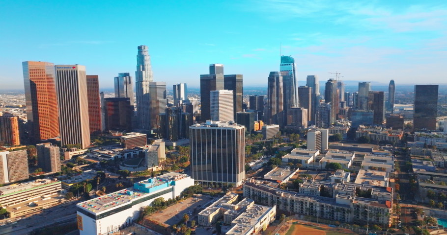 Skyscrapers in the downtown Los Angeles, California, USA. Beautiful modern architecture at backdrop of azure skies.