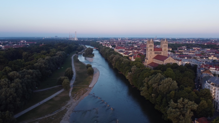 Munich city aerial view. Bird view of Isar river flowing down the main city of south Germany Royalty-Free Stock Footage #1093975613