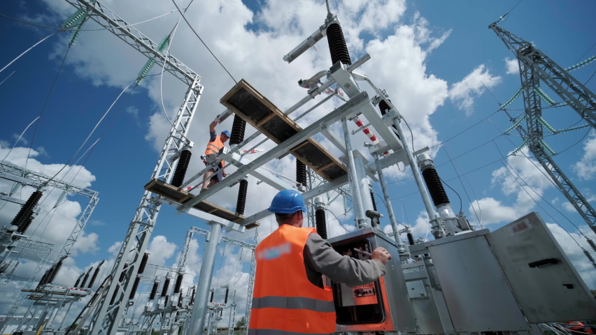 Construction of a transformer substation Royalty-Free Stock Footage #1093975755