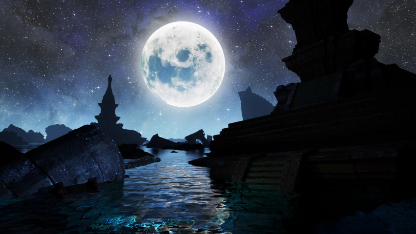 Lost Civilization. Moon in water reflection. 4k Live wallpaper Royalty-Free Stock Footage #1093978009