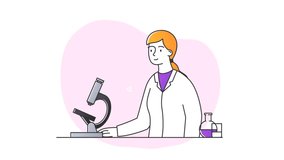 Scientific research in laboratory. Moving woman scientist or biologist conducts experiments and examines samples using microscope. Process of testing drug or vaccine. Flat graphic animated cartoon
