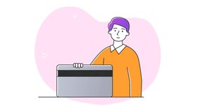 Online shopping video concept. Young moving male customer or client holding bank card, shopping and paying for purchases. Remote money transaction. Flat graphic animated cartoon in doodle style