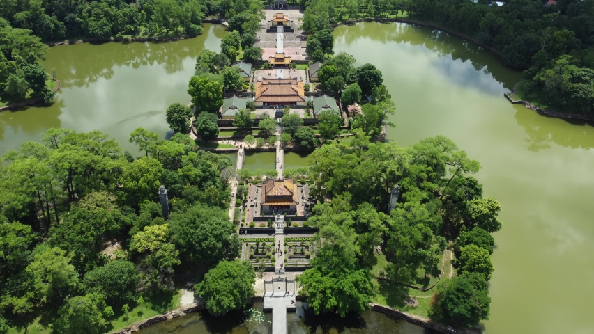 Minh Mang tomb near the Imperial City with the Purple Forbidden City within the Citadel in Hue, Vietnam. Imperial Royal Palace of Nguyen dynasty in Hue. Hue is a popular Royalty-Free Stock Footage #1093981757