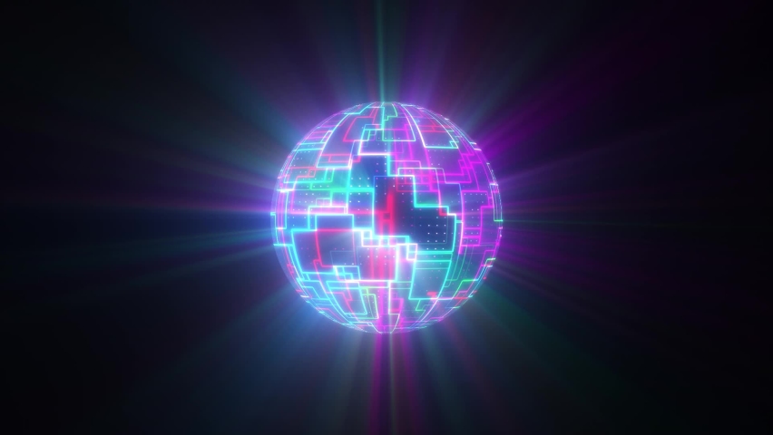 Spinning Abstract Mirrorball Made Of Geometric Elements Animation. Glowing Neon Blue and Pink Disco Ball. Festive Concept. Abstract Futuristic Motion Graphics Design.
 Royalty-Free Stock Footage #1093987425