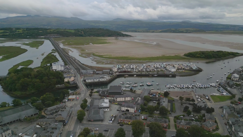Harbour in Porthmadog Drone Shot in Gwynedd, North Wales 4K Royalty-Free Stock Footage #1093995011