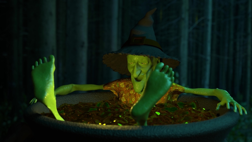 Happy old witch takes a bath in her own potion cauldron deep in the dark forest 3D 4K animation