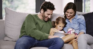 Happy family, tablet and internet learning at home online on living room sofa with mother and father together. Digital, love and education playing or teaching little girl on app or video streaming