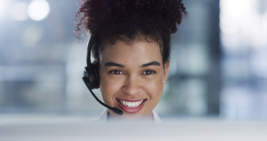 Call center, customer service or contact us support worker with computer in office working on crm consulting. Smile, face or happy latino receptionist, telemarketing woman or communication consultant | Shutterstock HD Video #1093999037