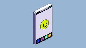 Social interaction icons on mobile screen. 2D cartoon pixel art animation set. Red 8 bit heart, happy face symbol, hand with thumb up gesture, speech bubble, adding friend icon - Powered by Shutterstock - Get 15% off with code: PIKWIZARD15