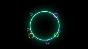 Creative Colorful Glowing Neon Circles Banner or Title Bar Template motion background. Video animation Ultra HD or 4K Design Turning Around Led Light Circle Frame Animation Isolated on Black Backdrop.