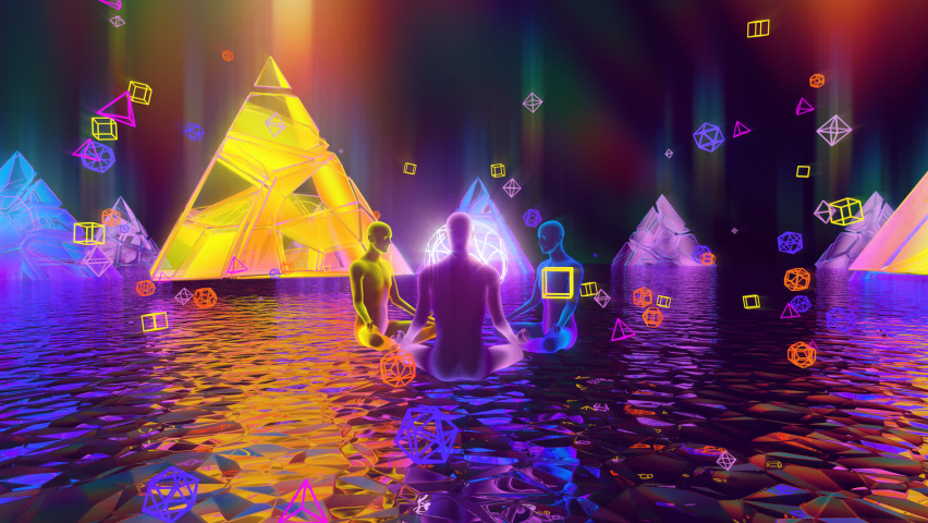 Looped 3d animation three yogis in meditative poses in the astral space of energy pyramids | Shutterstock HD Video #1094004427