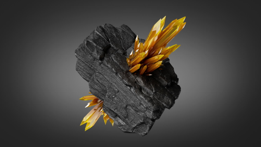 loop animation, 3d black rock with yellow crystals is spinning and rotating. Magical esoteric nugget. Geological object