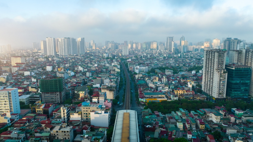 Drone view of Hanoi city and traffic in morning, Vietnam. Royalty-Free Stock Footage #1094008205