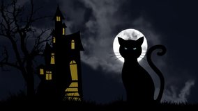 Animated view of spooky black cat and flying bats. Clouds passing over moon with bare tree and haunted castle. Concept of Halloween nightmare. High quality FullHD footage