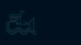 Glowing neon line Fishing boat with fishing rod on water icon isolated on black background. 4K Video motion graphic animation.