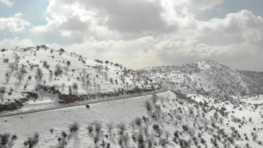 Hermon mountain in the winter, aerial, 2021
Snow covered limestone mountain foothills, drone view, 2021
