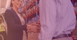 Animation of caucasian female boss shaking hands with worker in warehouse. work and business concept digitally generated video.