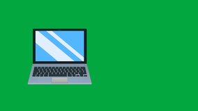 3d flat design laptop computer and house icons over green chroma key background,  seamless infinite loop repeat video in 4k