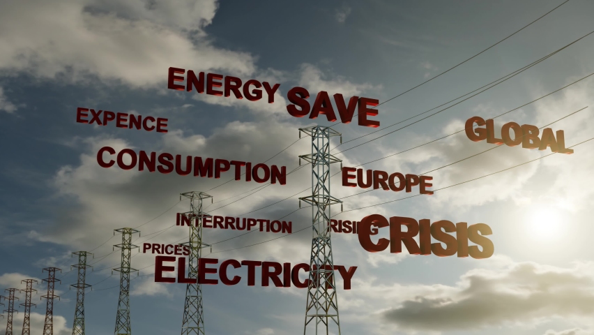 European electricity crisis concept animation with related words and pylons. High electricity prices 3D render background animation. Royalty-Free Stock Footage #1094021419