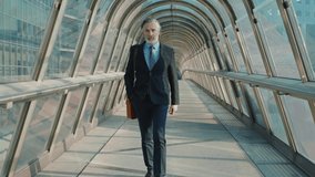 Cinematic 4k video footage of a successful senior Business man and sales person outdoor. Representation of professional expertise, financial and trading skills. Company ceo manager at work
