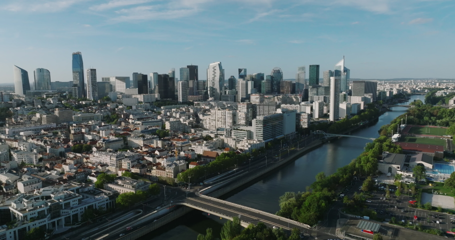Aerial view. Most Visited Travel European City. Modern parisian business district. French Manhattan Royalty-Free Stock Footage #1094037529