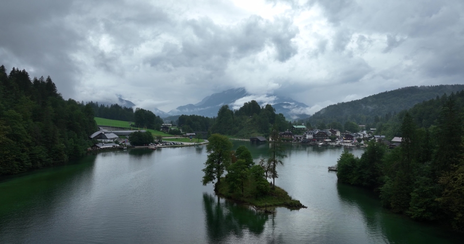 The Konigssee is a lake in Schonau am Konigssee southeast of the German state of Bavaria, near the border with Austria. Deepest lake in Germany. Berchtesgaden National Park aerial drone view.