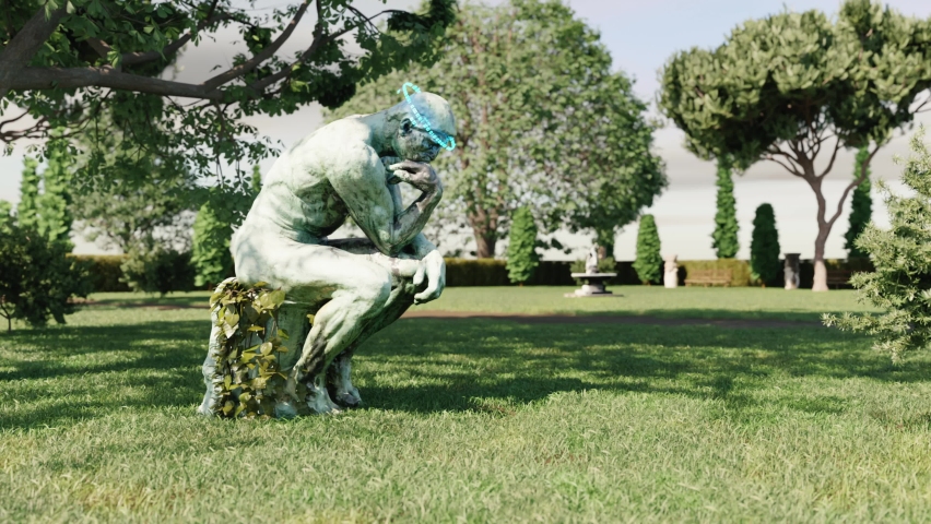 Sculpture of thinker with rotating binary code around head. Philosopher statue in background of garden. 3D Greek statue monument with binary code located on lawn Royalty-Free Stock Footage #1094050041