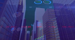 Animation of financial data processing over cityscape. global business, finances, connections and digital interface concept digitally generated video.