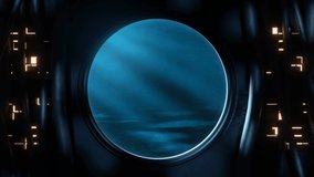 View of a round window with underwater background seen from inside a submarine or sci-fi environment with cables, light panels and moving illuminations. Looping video. 3D Rendering