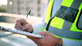 Checklist, writing and clipboard with safety man on construction site checking or signing documents. Inspection, manager and examination with architect or design engineer with contractor service - Powered by Shutterstock - Get 15% off with code: PIKWIZARD15