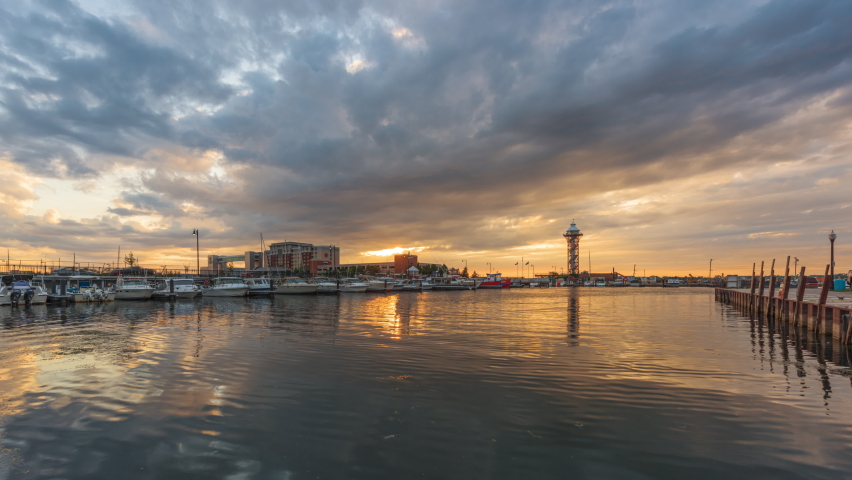 Erie, Pennsylvania, USA from dusk to night on Lake Erie.
