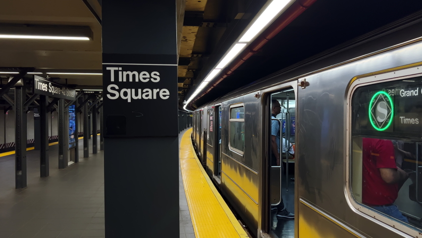 Trains leaving Time Square subway station. New York City. USA 22.08.2022