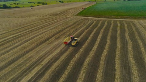 Birdseye View Red Tractor Yellow Combine Stock Footage Video (100% ...